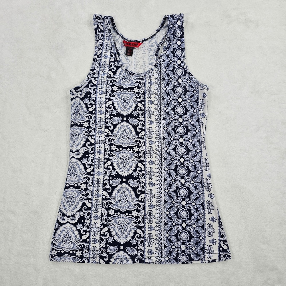 Hot Kiss Womens Navy Blue White Paisley Bandana Print Racerback Tank Top Large